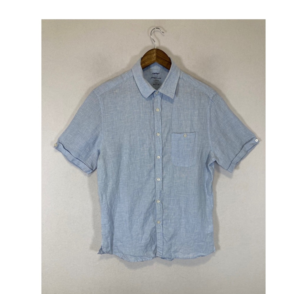 Coastal Mediterranean Celio Mens Med Blue 100% Linen Short Sleeve Button Shirt